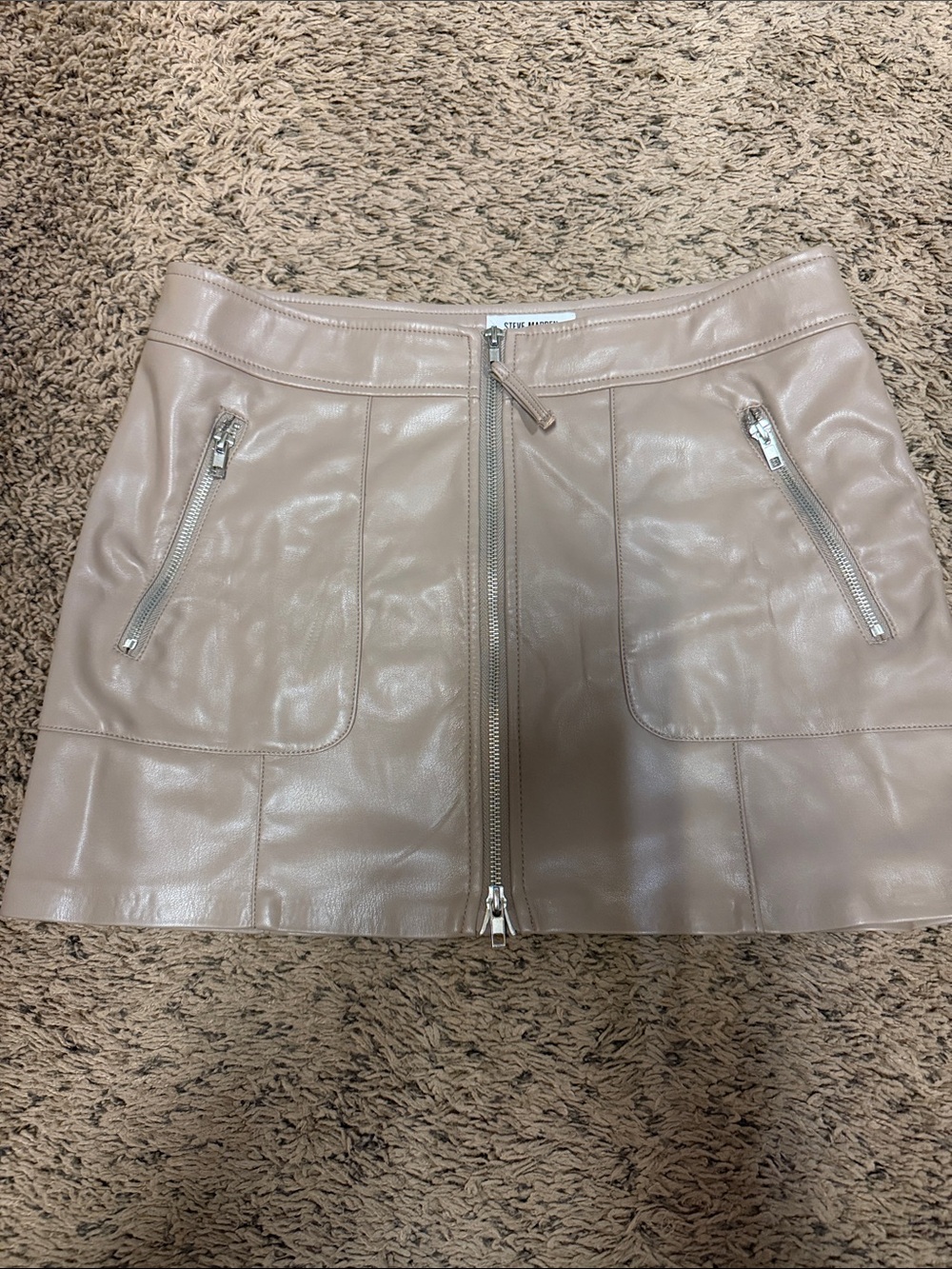 Steve Madden Beige Faux Leather Zip-Front Mini Skirt
